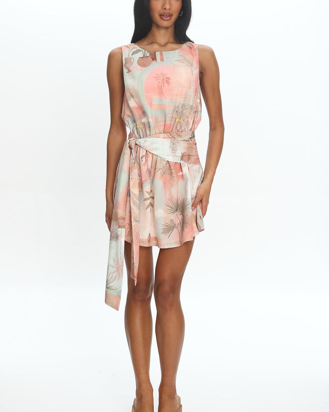 Coral Waist Sash Mini Dress Print