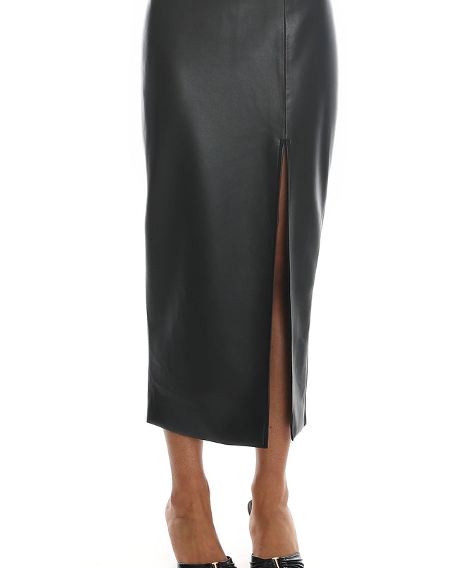 Black Faux Leather Midi Skirt