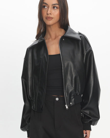 Black Faux Leather Bomber Jacket