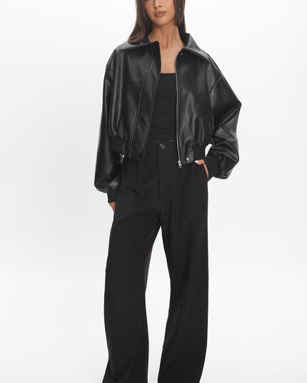 Black Faux Leather Bomber Jacket