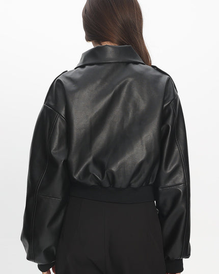 Black Faux Leather Bomber Jacket