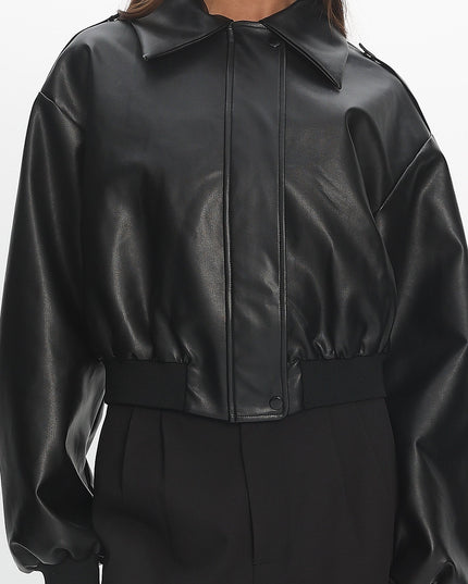 Black Faux Leather Bomber Jacket