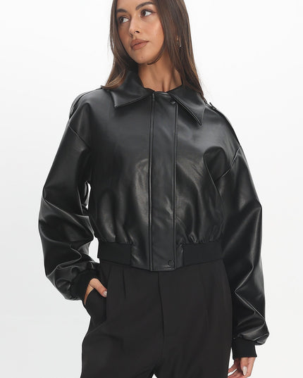 Black Faux Leather Bomber Jacket