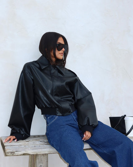Black Faux Leather Bomber Jacket