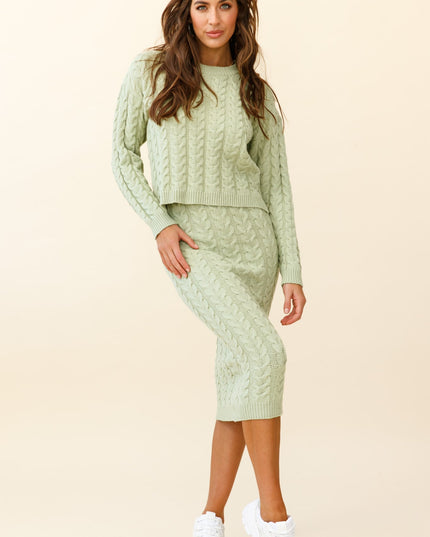 Green Cable Knit Midi Skirt