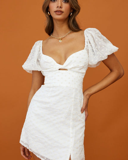 White Sheer Puff Sleeve Twist Feature Dress