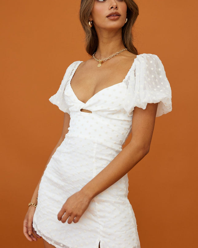 White Sheer Puff Sleeve Twist Feature Dress