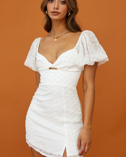 White Sheer Puff Sleeve Twist Feature Dress