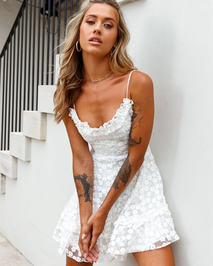 White Frill Bust Floral Embroidered Overlay Dress