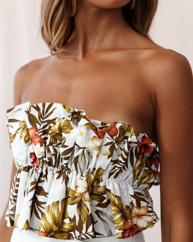 White Ruffle Crop Top Tropical Floral Print