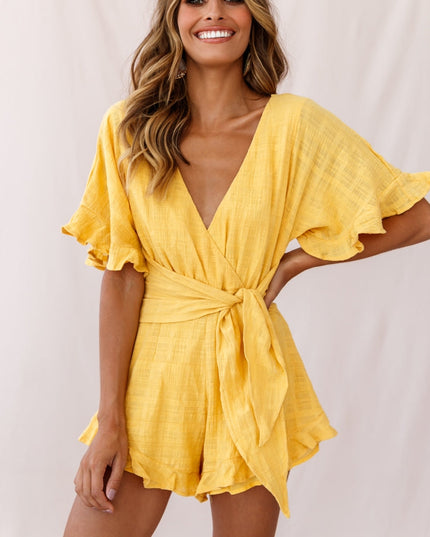 Mustard Frill Trim Waist Tie Romper