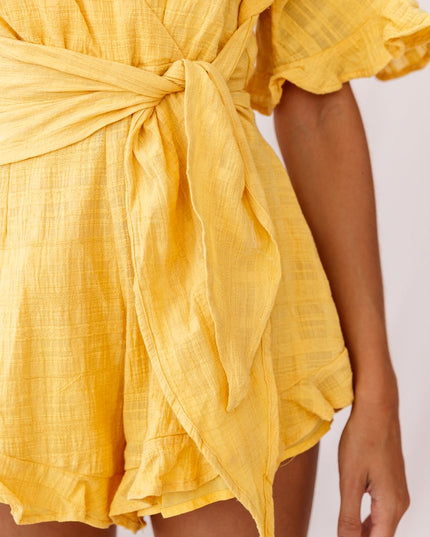 Mustard Frill Trim Waist Tie Romper