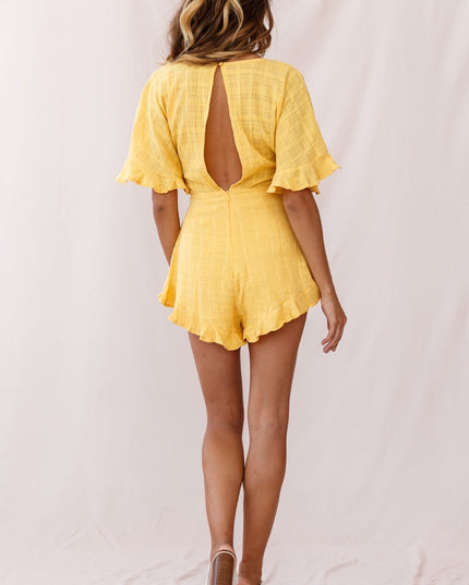 Mustard Frill Trim Waist Tie Romper