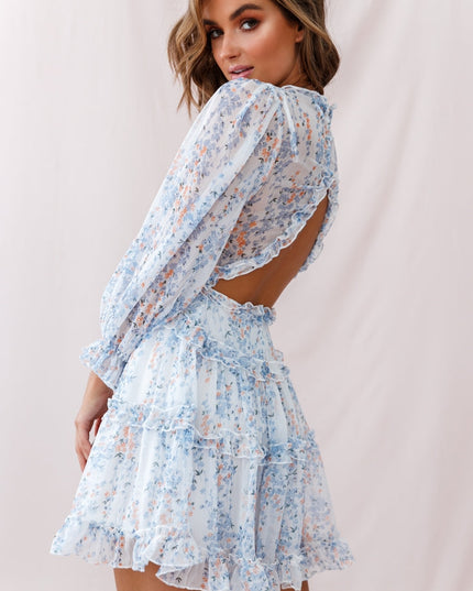 White Cutout Back Ruffle Detail Floral Dress