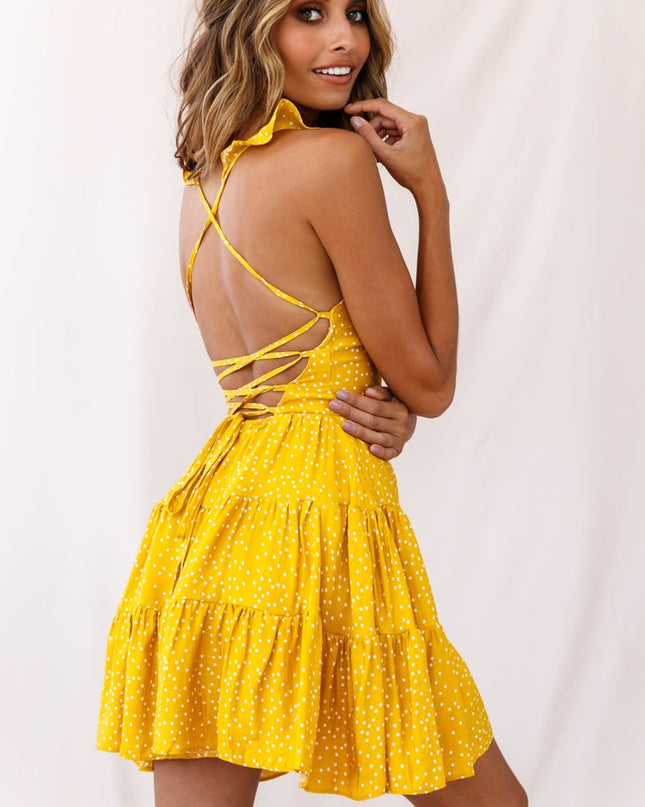 Yellow Hem Lace-Up Back Dress
