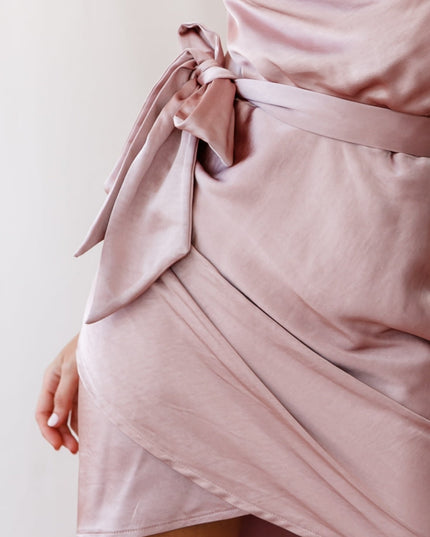 Rose Gold Satin Cowl Neck Wrap Dress