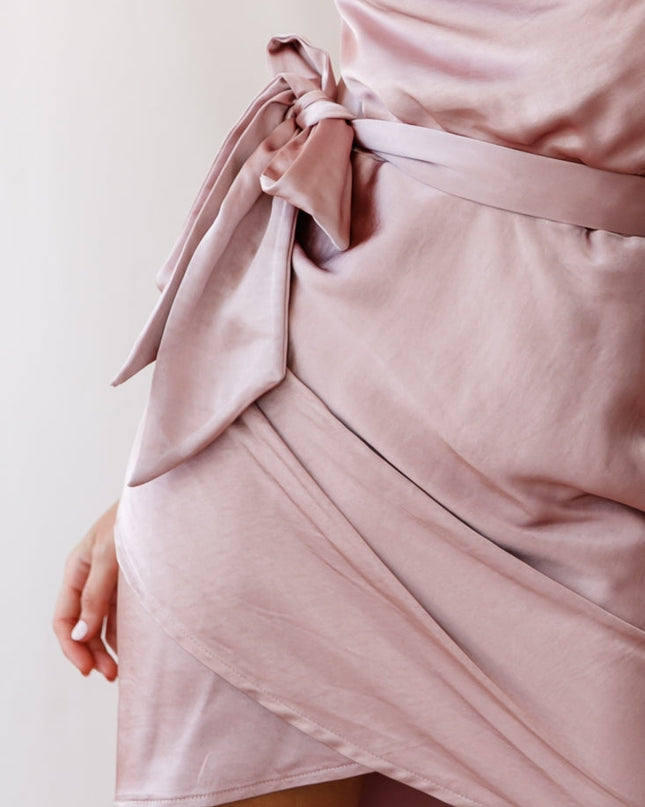 Rose Gold Satin Cowl Neck Wrap Dress