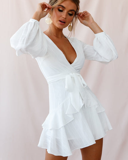 White Layered Balloon Sleeve Dress