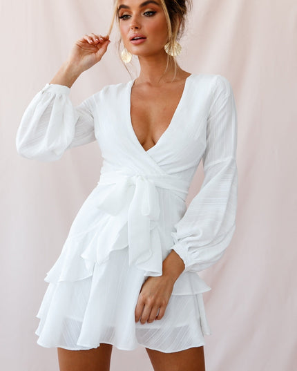 White Layered Balloon Sleeve Dress
