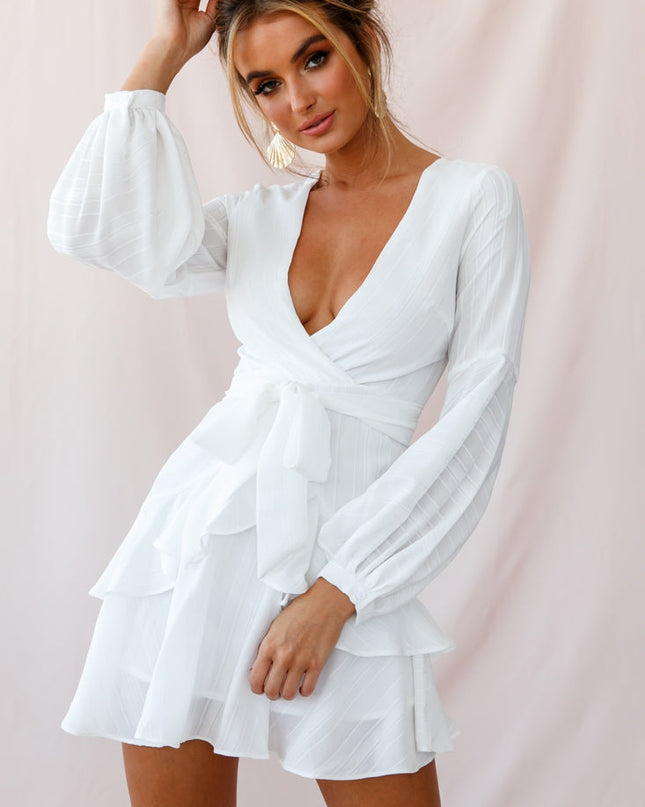White Layered Balloon Sleeve Dress