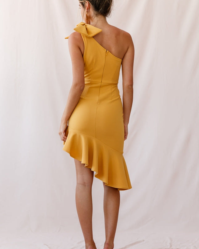 Mustard One-Shoulder Bow Dress