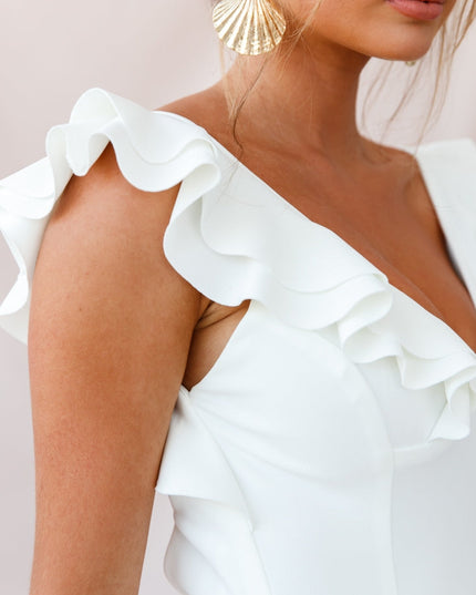 White Pearl Ruffle Strap High-Low Hem Dress