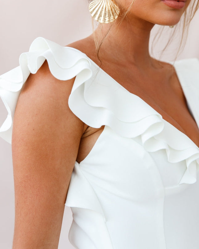White Pearl Ruffle Strap High-Low Hem Dress