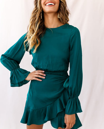 Forest Green Long Sleeve Satin Dress