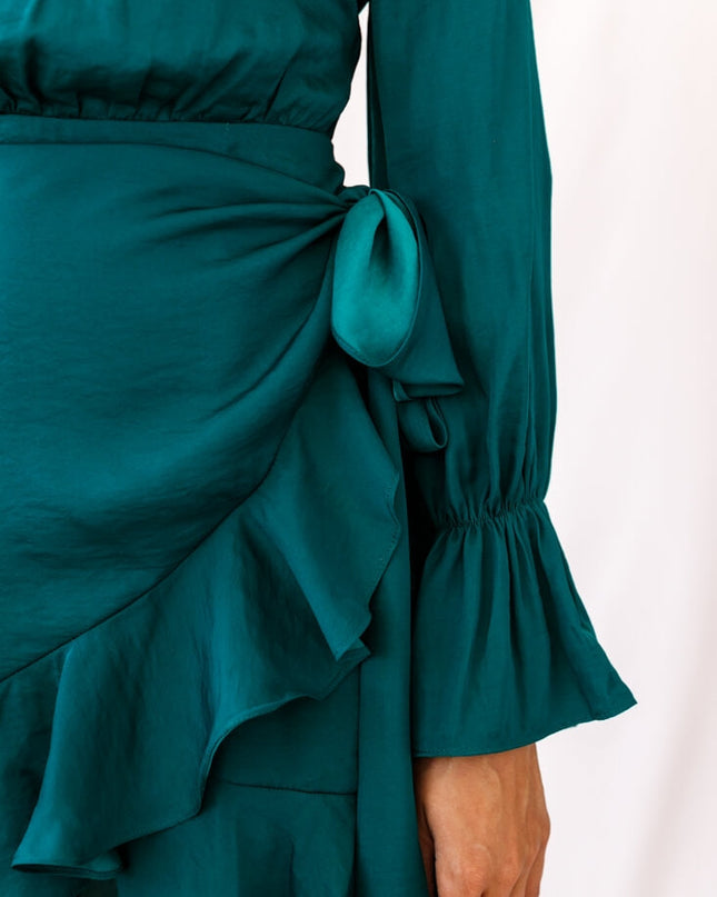 Forest Green Long Sleeve Satin Dress