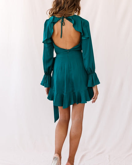 Forest Green Long Sleeve Satin Dress