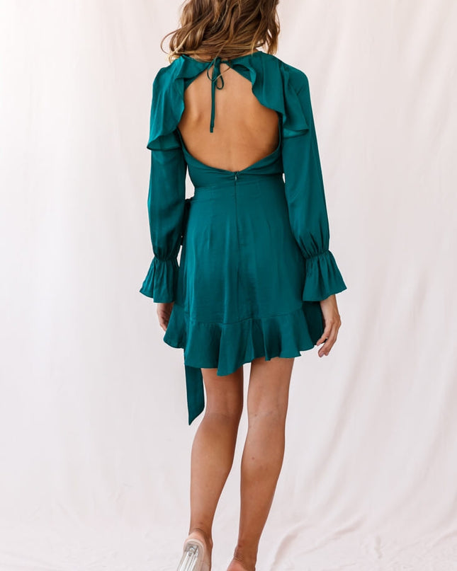 Forest Green Long Sleeve Satin Dress