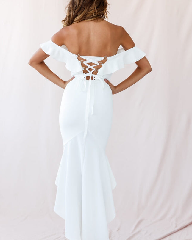 White Cloud 9 Bardot Neckline Corset Back Dress