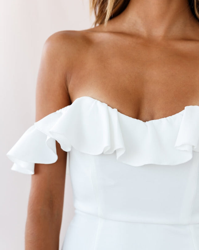 White Cloud 9 Bardot Neckline Corset Back Dress
