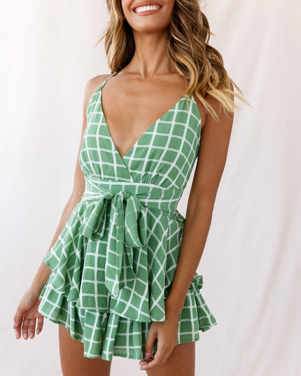 Print & Flare Cami Strap Romper Green Checker