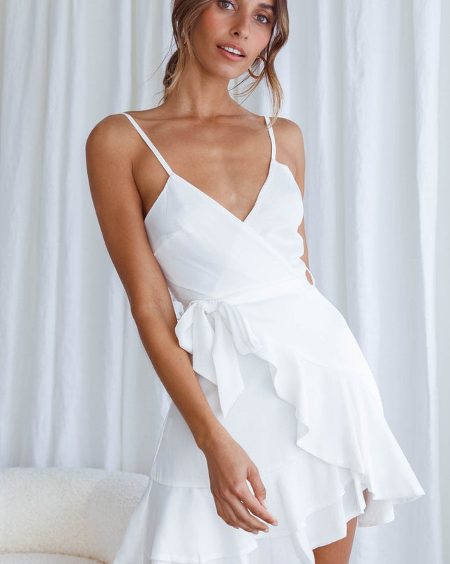 White Wrap Ruffle Dress