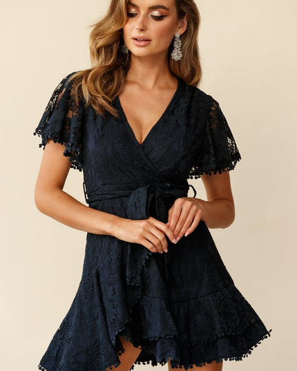 Cami Angel Sleeve Faux Wrap Dress Navy Lace