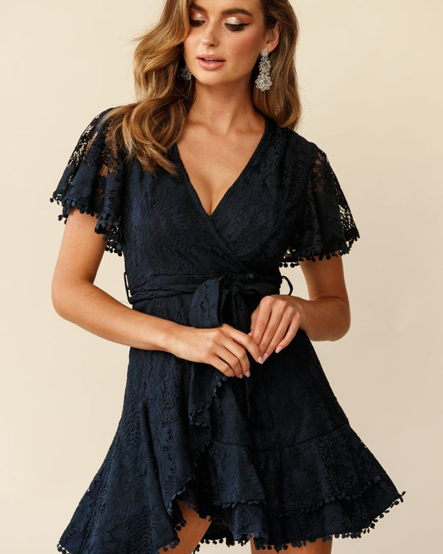 Cami Angel Sleeve Faux Wrap Dress Navy Lace
