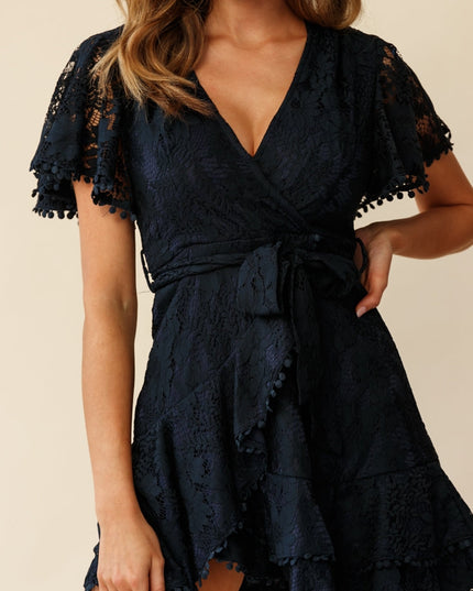 Cami Angel Sleeve Faux Wrap Dress Navy Lace
