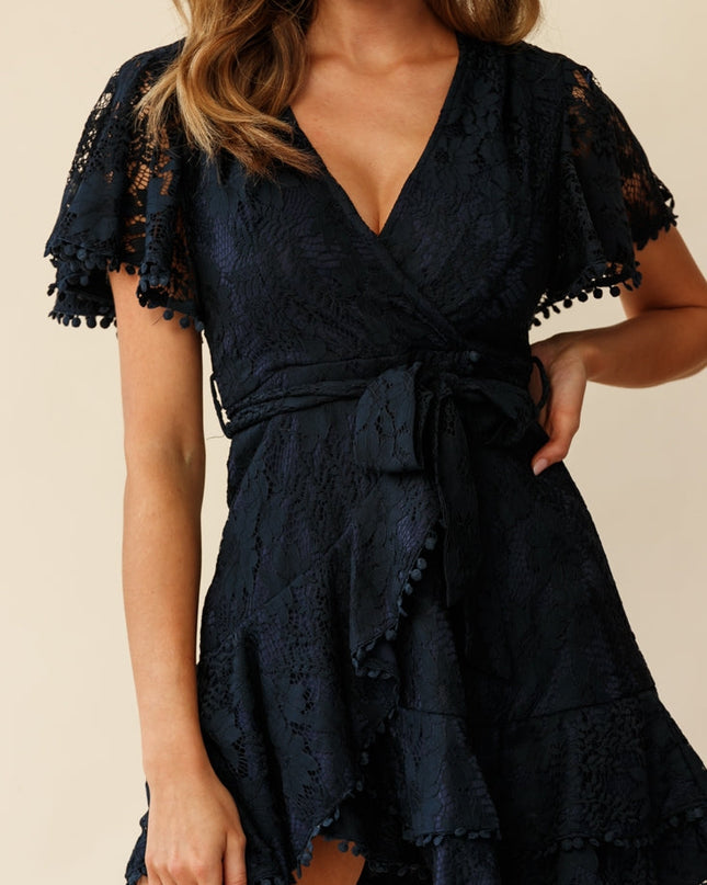 Cami Angel Sleeve Faux Wrap Dress Navy Lace