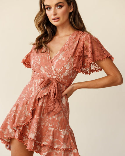 Rose Cami Angel Sleeve Faux Wrap Dress Lace