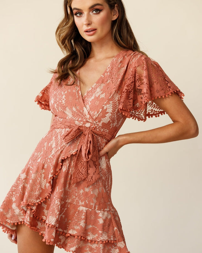 Rose Cami Angel Sleeve Faux Wrap Dress Lace