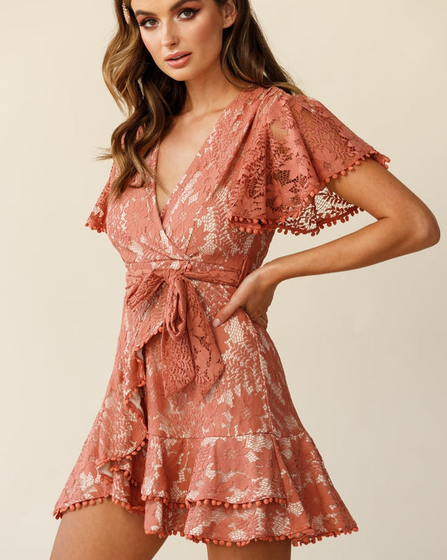 Rose Cami Angel Sleeve Faux Wrap Dress Lace