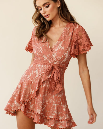 Rose Cami Angel Sleeve Faux Wrap Dress Lace