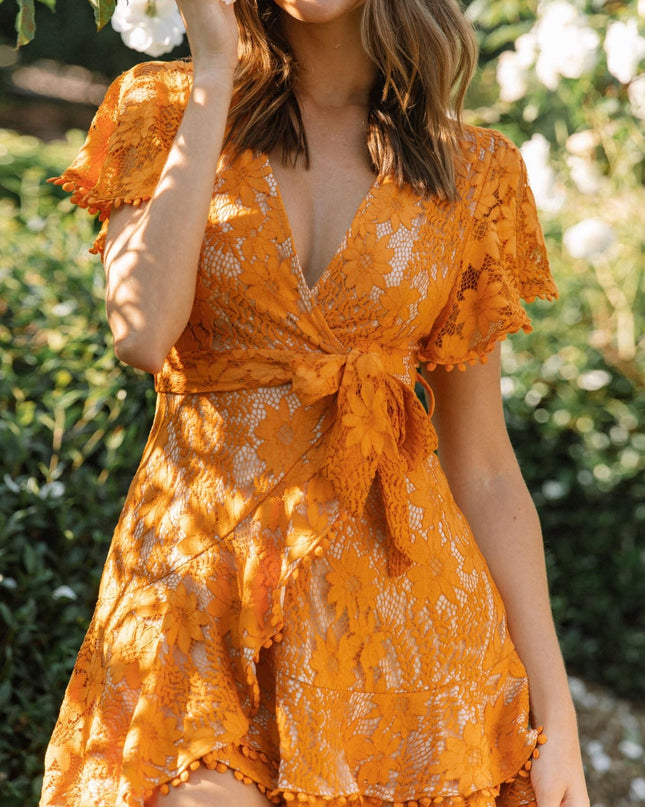 Cami Angel Sleeve Faux Wrap Dress Orange Sunset