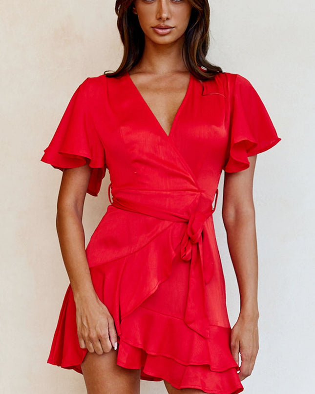 Red Cami Angel Sleeve Faux Wrap Dress
