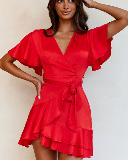 Red Cami Angel Sleeve Faux Wrap Dress