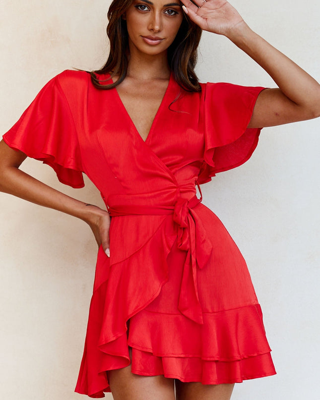 Red Cami Angel Sleeve Faux Wrap Dress