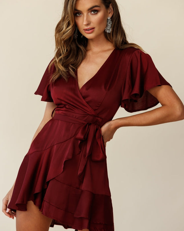 Wine Cami Angel Sleeve Faux Wrap Dress