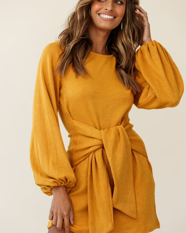 Mustard Waist Tie Knit Dress