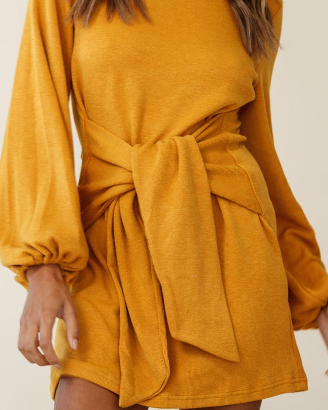 Mustard Waist Tie Knit Dress